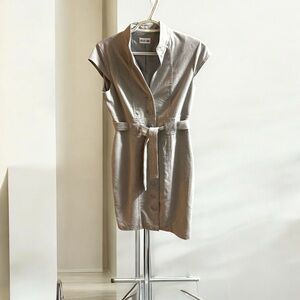 Marvin Richards Grey Button Front Collared and Waist Tied City Office Dress - 4